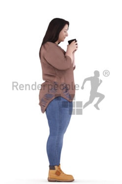 3d people casual, white 3d woman standing and drinking