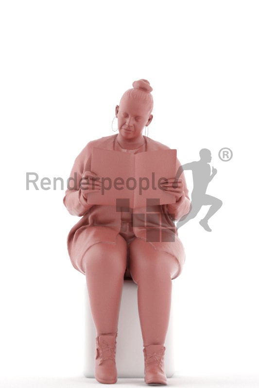 3d people casual, white 3d woman sitting and reading