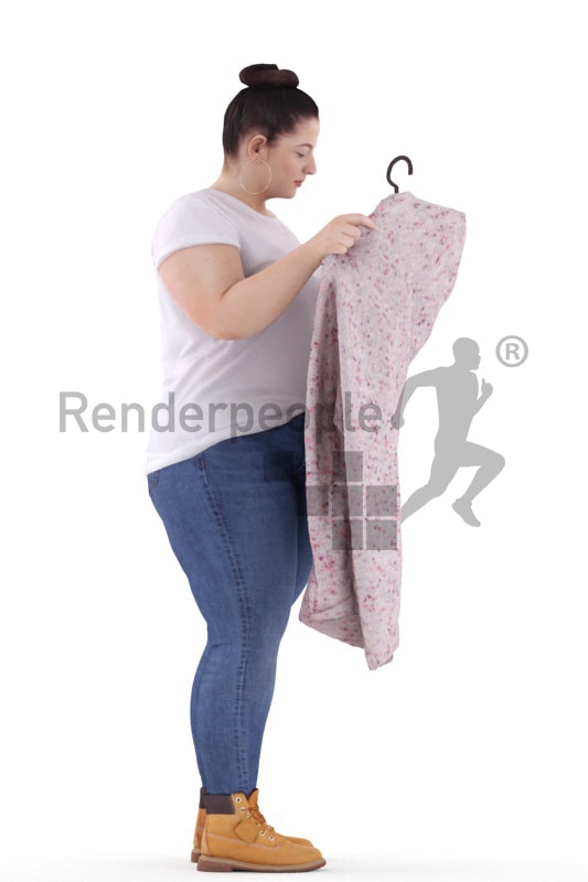 3d people casual, white 3d woman standing and looking at cloth