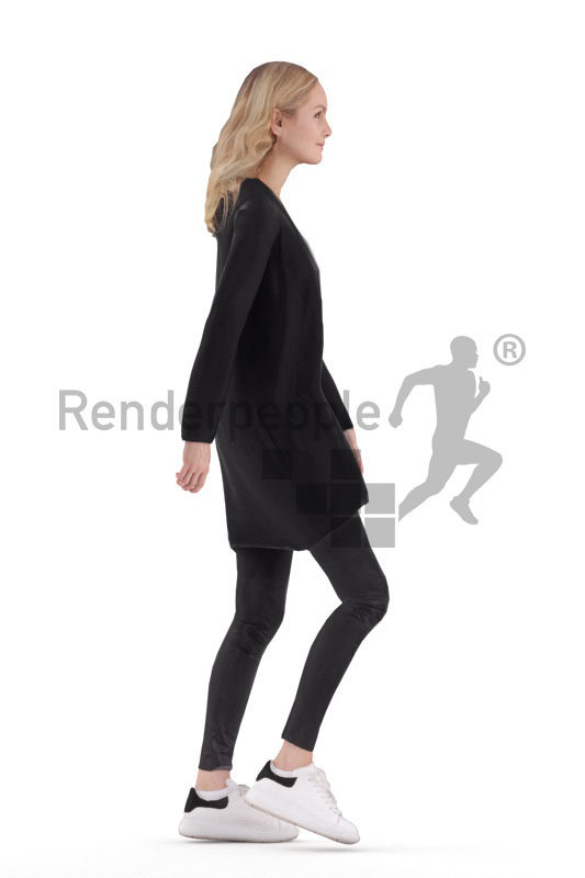 Animated human 3D model by Renderpeople – european female in casual cardigan, walking