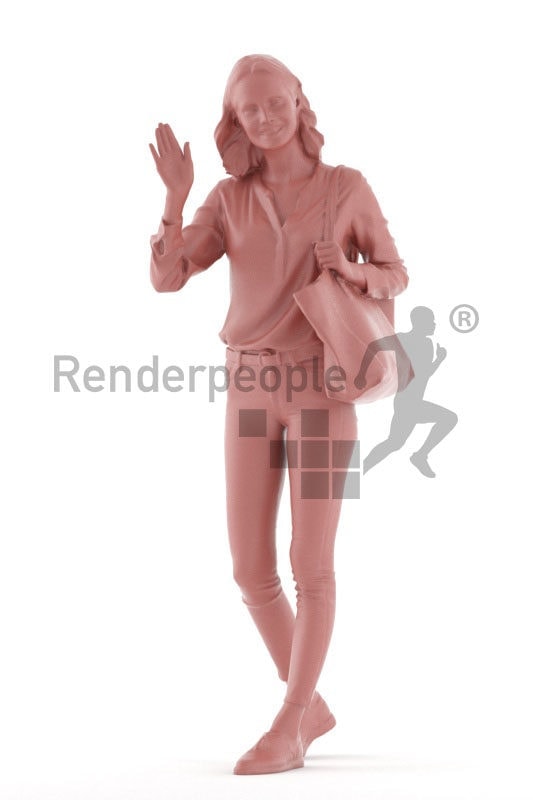 Scanned human 3D model by Renderpeople – european woman, casual dressed, walking and saluting