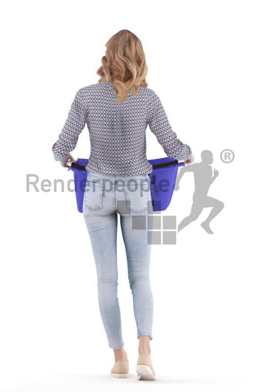 Posed 3D People model for renderings – european woman, with laundry basket at home, casual