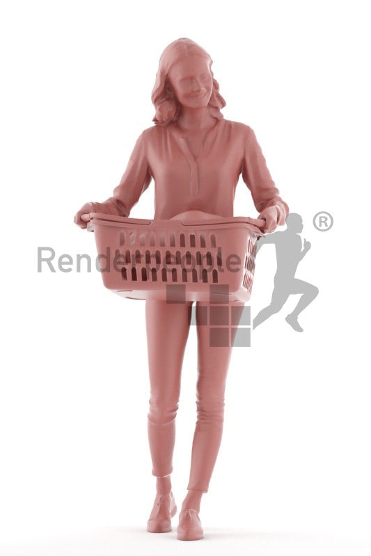 Posed 3D People model for renderings – european woman, with laundry basket at home, casual