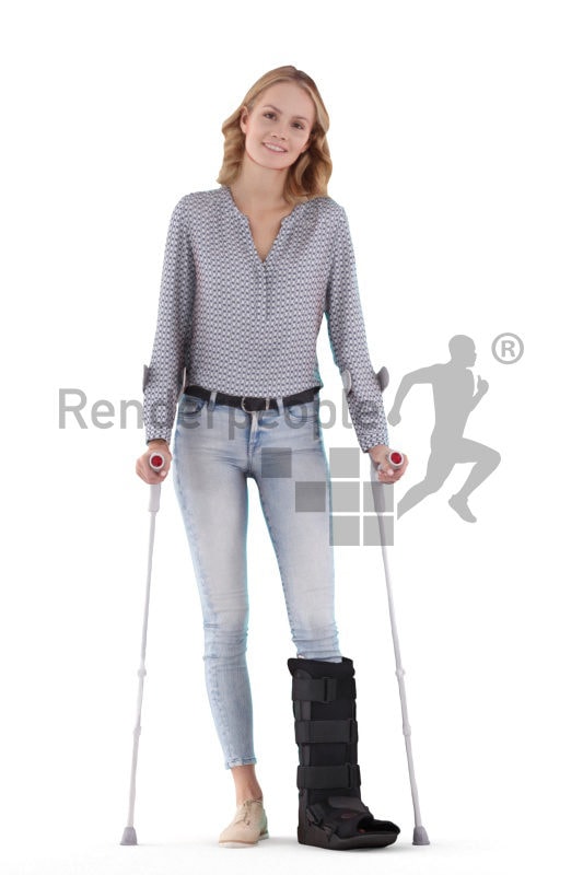 Scanned human 3D model by Renderpeople – european woman with injury,, with crutches and orthopedic splint
