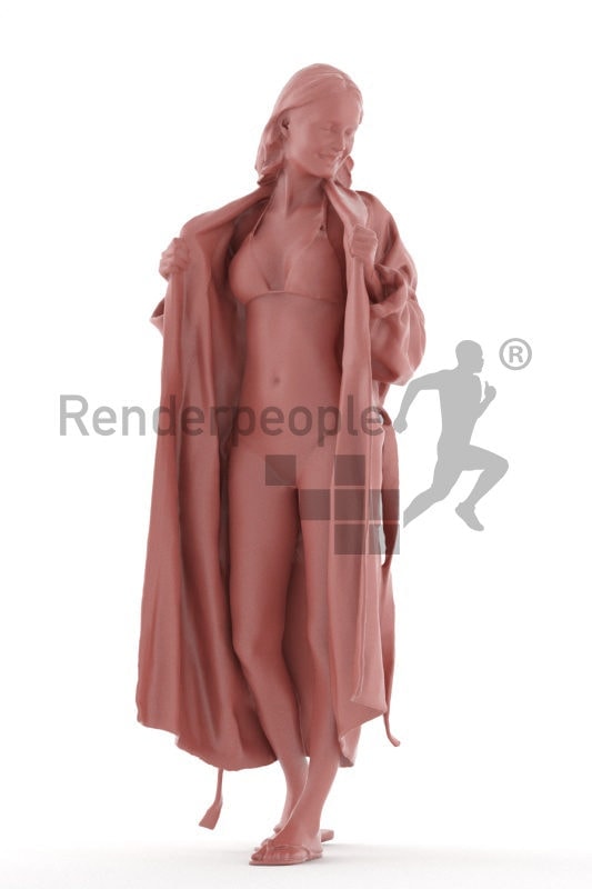 Realistic 3D People model by Renderpeople white woman walking in bikini and bathrobe and communicating