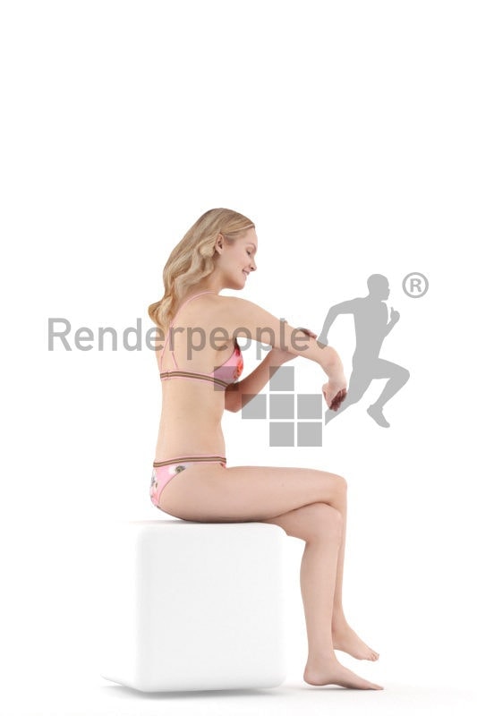 Posed 3D People model for renderings – european woman in bikini putting on sunscreen