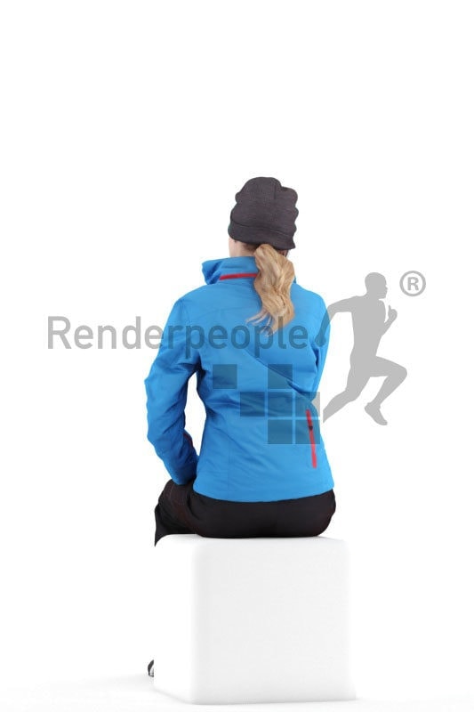 3D People model for 3ds Max and Sketch Up – european woman in skiing wear, sitting and calling