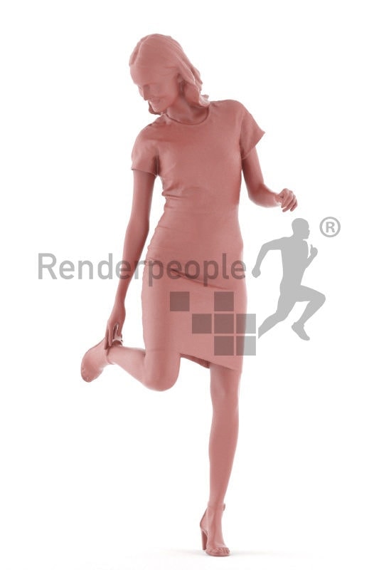 Posed 3D People model for visualization – european woman, event, putting on her shoes