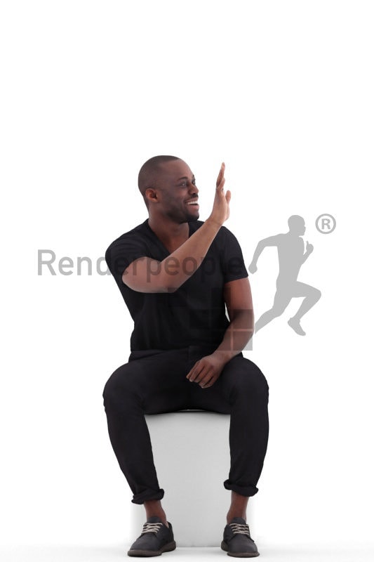 Realistic 3D People model by Renderpeople- black man sitting and saluting