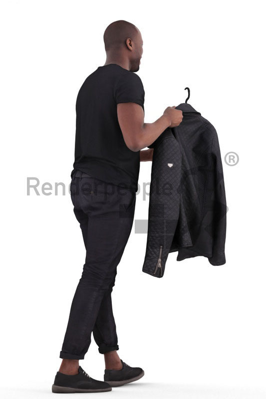 Scanned 3D People model for visualization – black man walking in the mall, holding a jacket
