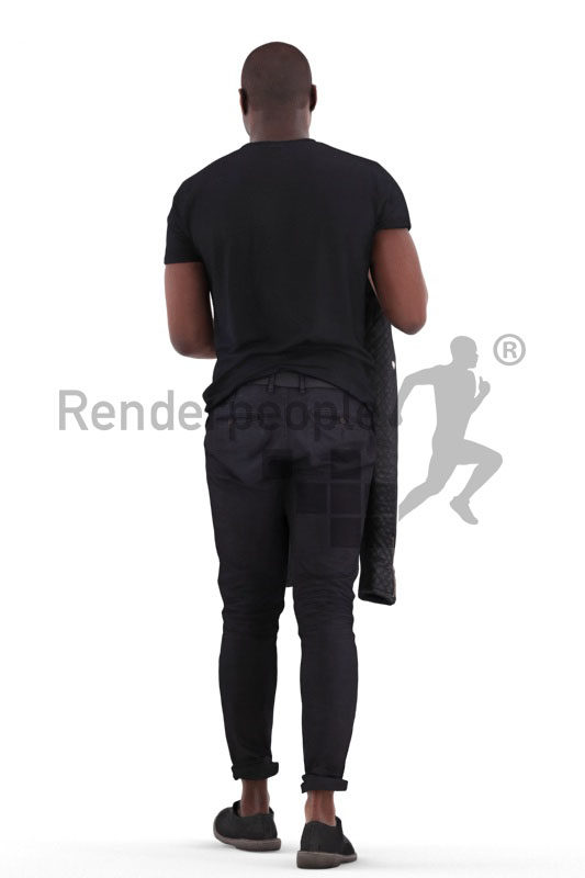 Scanned 3D People model for visualization – black man walking in the mall, holding a jacket