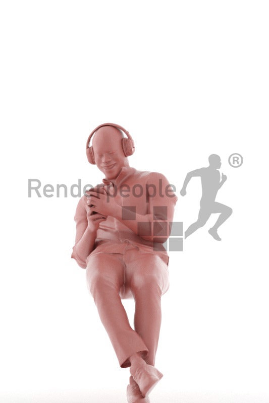 Photorealistic 3D People model by Renderpeople – black male in smart casual outfit, relaxing with mobilephone and headphones