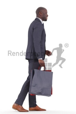Scanned human 3D model by Renderpeople – black man shopping and walking in event suit
