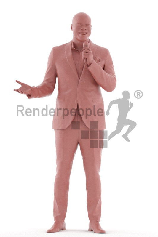 Scanned human 3D model by Renderpeople – black male in dark suit, moderating