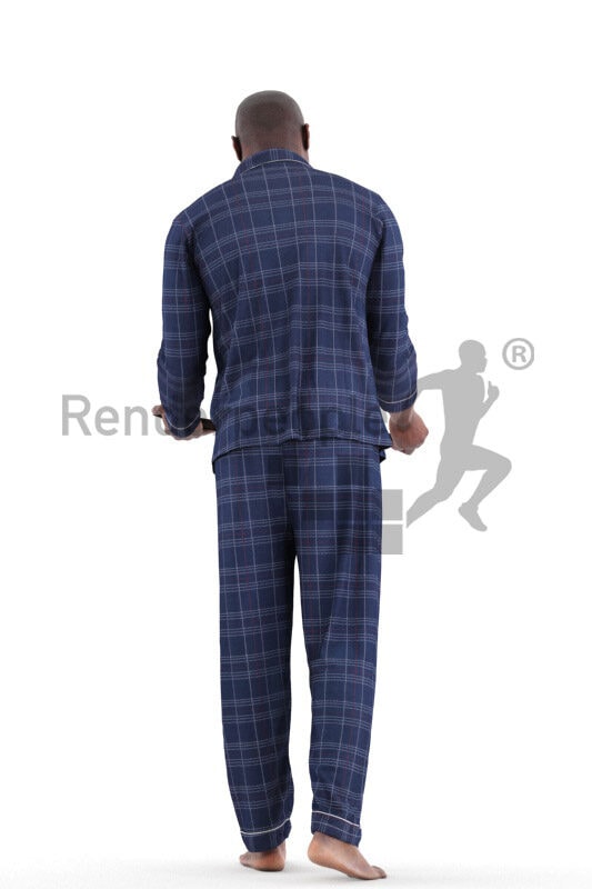 Photorealistic 3D People model by Renderpeople – black man in sleepwear, serving plates and smiling