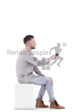 3d people casual, white 3d man sitting with the remote