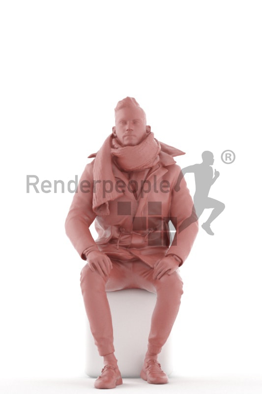 3d people outdoor, white 3d man sitting and waiting