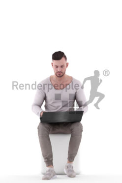 3d people casual, white 3d man sitting and writing on his laptop
