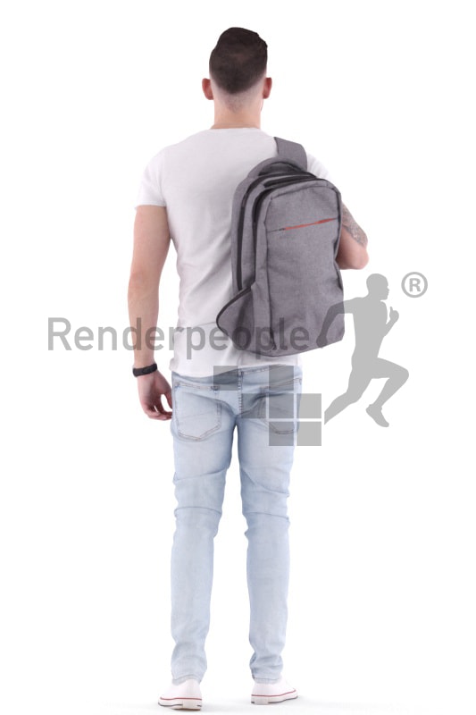 3d people casual, white 3d man standing, waiting with a bagpack