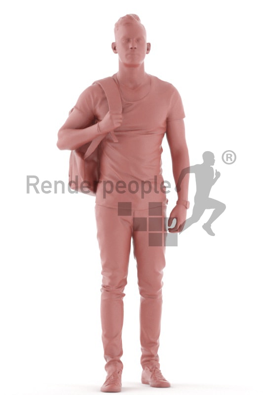 3d people casual, white 3d man standing, waiting with a bagpack