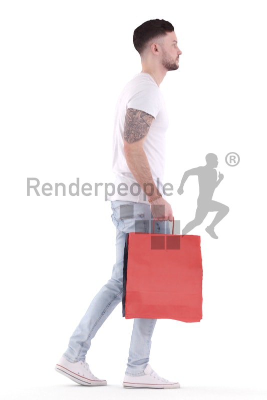 3d people casual, white 3d man walking with shopping bags