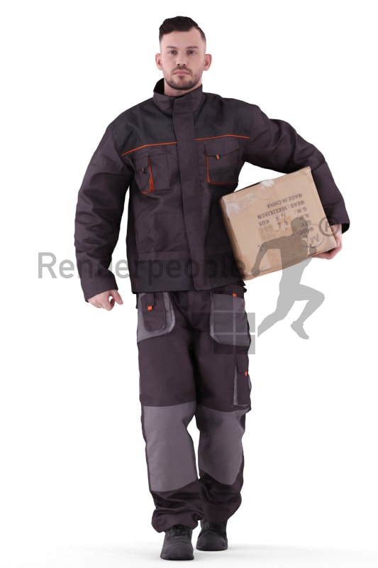 3d people worker, white 3d man walking carrying a package