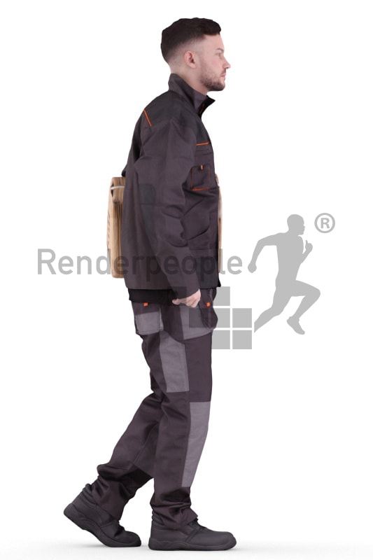 3d people worker, white 3d man walking carrying a package