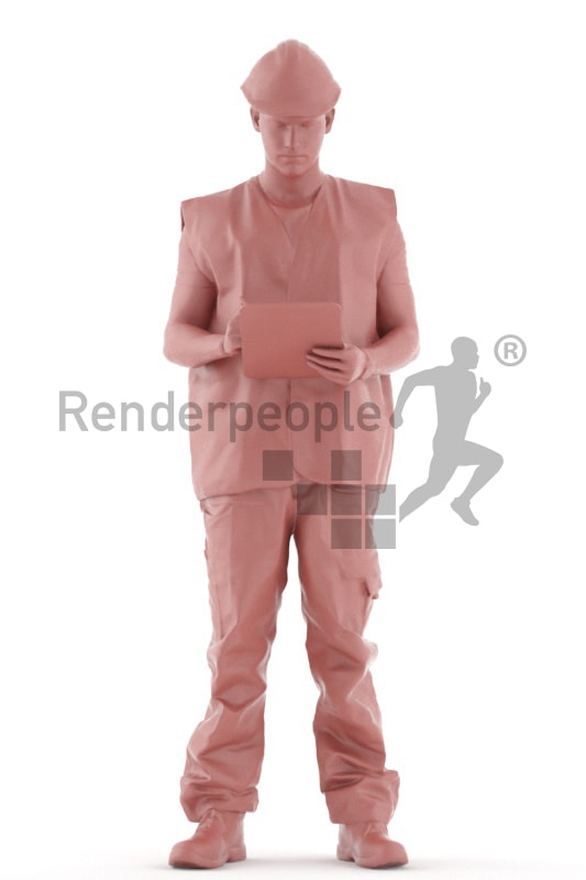 3d people worker, white 3d man standing writing on his clipboard