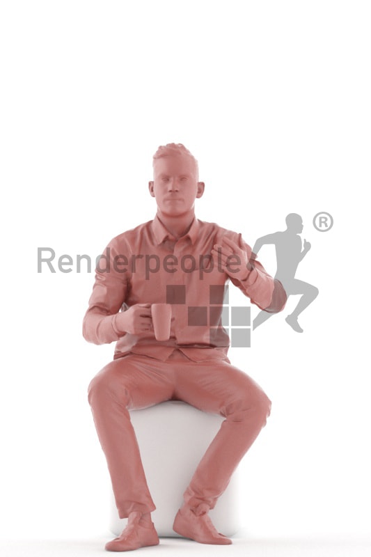 3d people casual, white 3d man sitting, drinking and discussing
