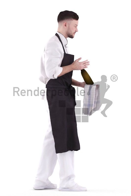 3d people waiter, white 3d man serving and holding wine bottle