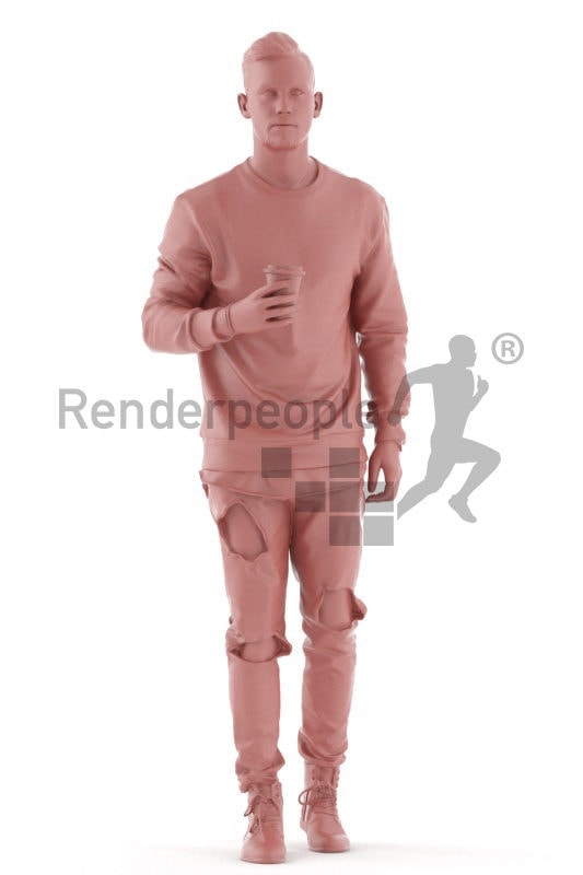 3d people casual, white 3d man walking and holding a cup