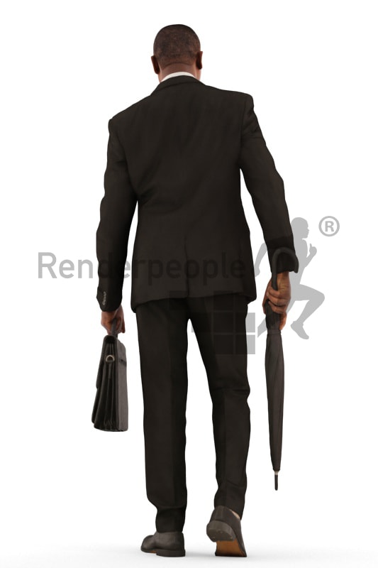 3d people business, black 3d man walking with briefcase and umbrella