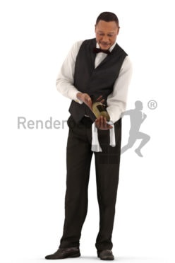 3d people catering, black 3d man, waiter standing offering champagne