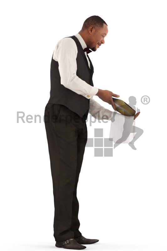 3d people catering, black 3d man, waiter standing offering champagne