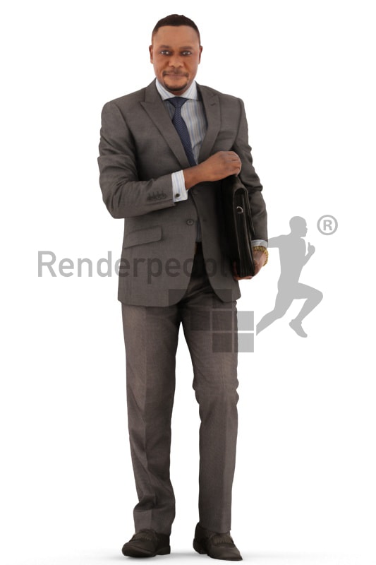 3d people business, black 3d man standing with a briefcas under his arm