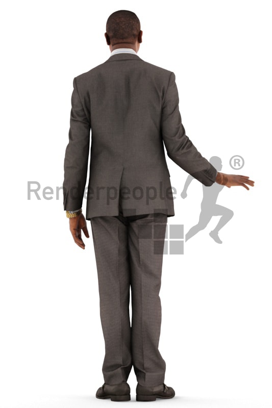 3d people business, black 3d man standing grabbing a handrail