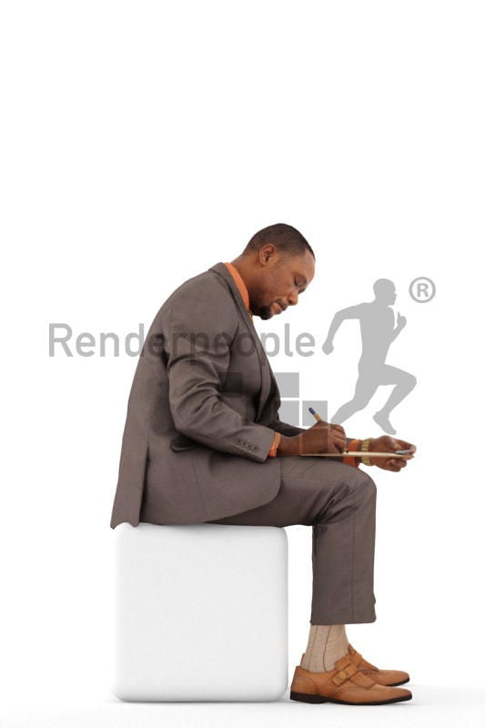 3d people business, black 3d man sitting writing on his clipboard