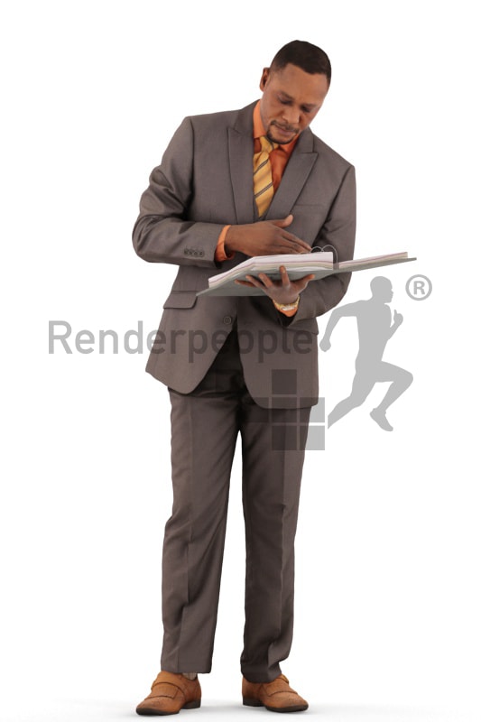 3d people business, black 3d man standing reading in a folder