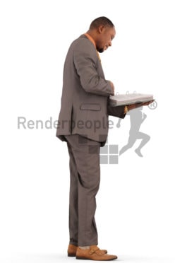 3d people business, black 3d man standing reading in a folder