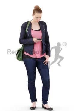 3d people shopping, white 3d woman carrying a bag and typing on her phone