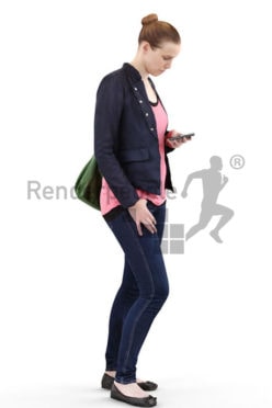 3d people shopping, white 3d woman carrying a bag and typing on her phone