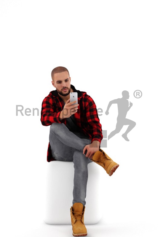 3d people casual, middle eastern 3d man sitting and typing on his phone