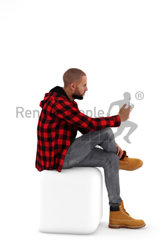 3d people casual, middle eastern 3d man sitting and typing on his phone