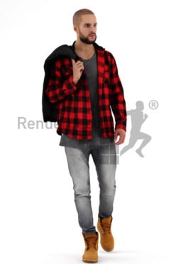 3d people casual, middle eastern 3d man walking carrying his jacket over his shoulder