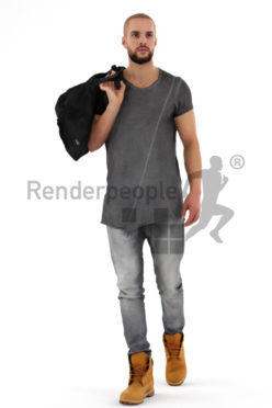 3d people casual, middle eastern 3d man walking carrying a back over his shoulder