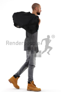 3d people casual, middle eastern 3d man walking carrying a back over his shoulder