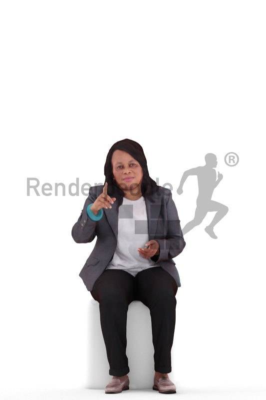 3d people business, black 3d woman sitting and pointing