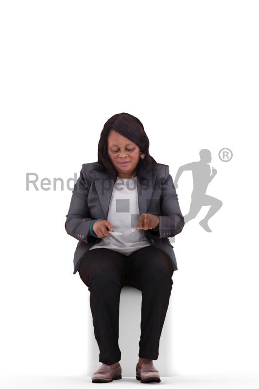 3d people business, black 3d woman sitting and eating