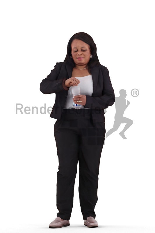 3d people business, black 3d woman standing and holding water bottle