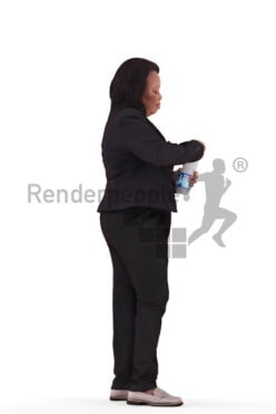 3d people business, black 3d woman standing and holding water bottle